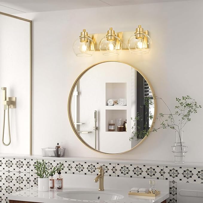Tuscarora Bathroom Light Fixtures Gold Vanity Light 3 Light Wall Sconces Lighting Brushed Brass Bathroom Lights Bath Wall Lights Wall Lamp for Mirror (Brushed Gold & Clear Glass)