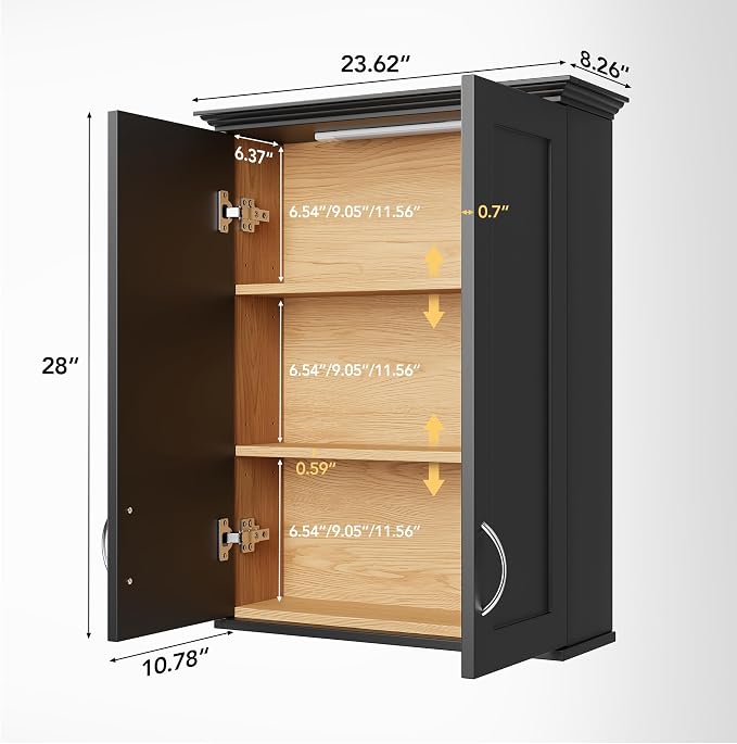 VANIRROR Bathroom Wall Mounted Cabinet with Motion Sensor Light | 23.6 x 28 x 8.3 in Black Over Toilet Medicine Cabinet, 2-Door Wood Storage Cabinet with Adjustable Shelves, Soft Close Hinges