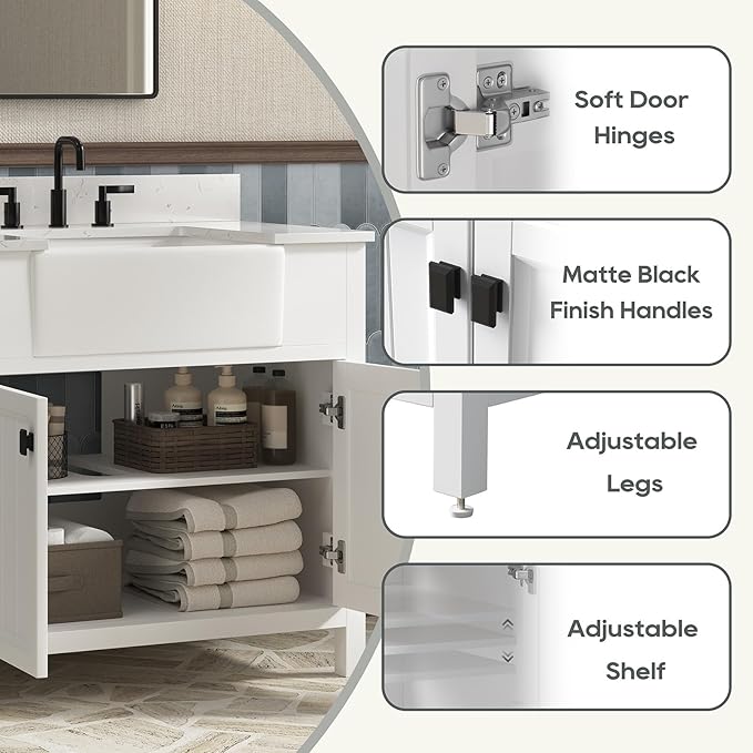 36 Inch Bathroom Vanity with Sink, Farmhouse Bathroom Sink Cabinet with Adjustable Feets, Solid Wooden Frame Single Sink Bathroom Vanity with Soft Closing Doors, Apron Farm Sink, White