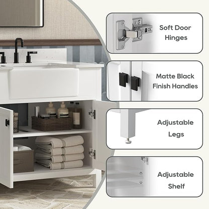 36 Inch Bathroom Vanity with Sink, Farmhouse Bathroom Sink Cabinet with Adjustable Feets, Solid Wooden Frame Single Sink Bathroom Vanity with Soft Closing Doors, Apron Farm Sink, White