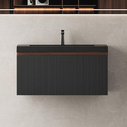 30'' Floating Bathroom Vanity with Sink Combo, Modern Wall-Mounted Striped Bathroom Storage Cabinet with Soft-Close Drawers and Black Quartz Sand Basin, No Assembly Required