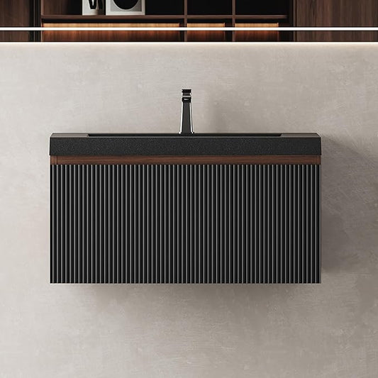 30'' Floating Bathroom Vanity with Sink Combo, Modern Wall-Mounted Striped Bathroom Storage Cabinet with Soft-Close Drawers and Black Quartz Sand Basin, No Assembly Required