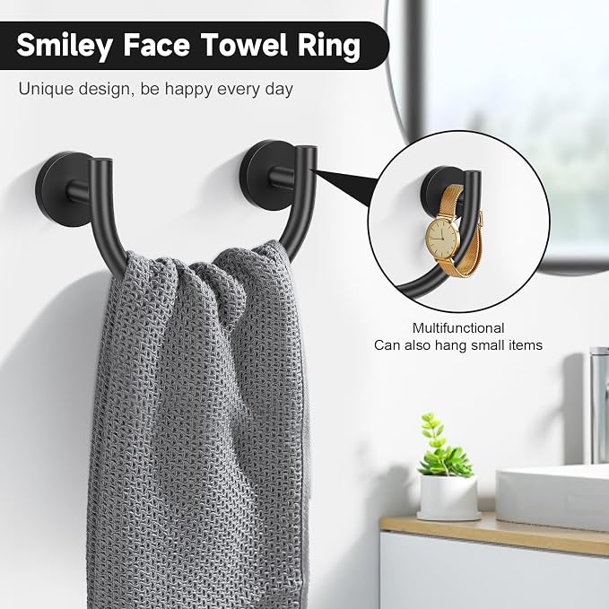Matte Black Towel Bar Set, 5-Piece Bathroom Hardware Set with Smiley Face Towel Rings, Stainless Steel Wall-Mounted Towel Rack Set 23.6 Inch