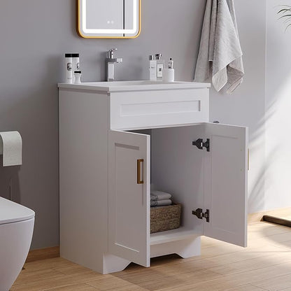 Bathroom 24" Vanity with Ceramic Sink, Wooden Double Door Bathroom Storage Cabinet, Freestanding Cabinet Vanity with Sink (Paint, White,24")