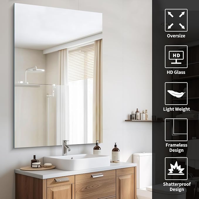 CILIBER Frameless Mirror, 55x36 Mirrors for Wall, Large Bathroom Mirror for Over Sink, Rectangle Frameless Vanity Mirror with Polished Edge, 3mm Tempered Glass, Hangs Horizontally or Vertically