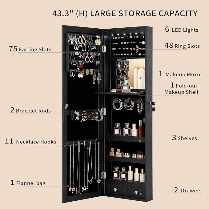 Lockable Jewelry Cabinet Organizer with Full Length Mirror, 6 Auto LED Lights, Wall & Over Door Mount Jewelry Armoire with Earring Slots, Necklace Hooks, Foldable Makeup Shelf