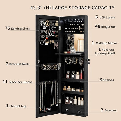 Lockable Jewelry Cabinet Organizer with Full Length Mirror, 6 Auto LED Lights, Wall & Over Door Mount Jewelry Armoire with Earring Slots, Necklace Hooks, Foldable Makeup Shelf