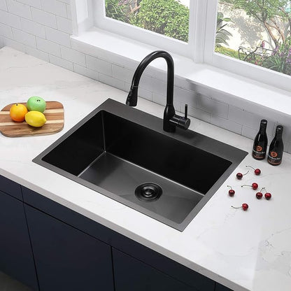 28 Inch Drop in Black Kitchen Sink, Gunmetal Black Top Mount Stainless Steel 9 Inch Deep Single Bowl Laundry Utility Wet Prep Sink