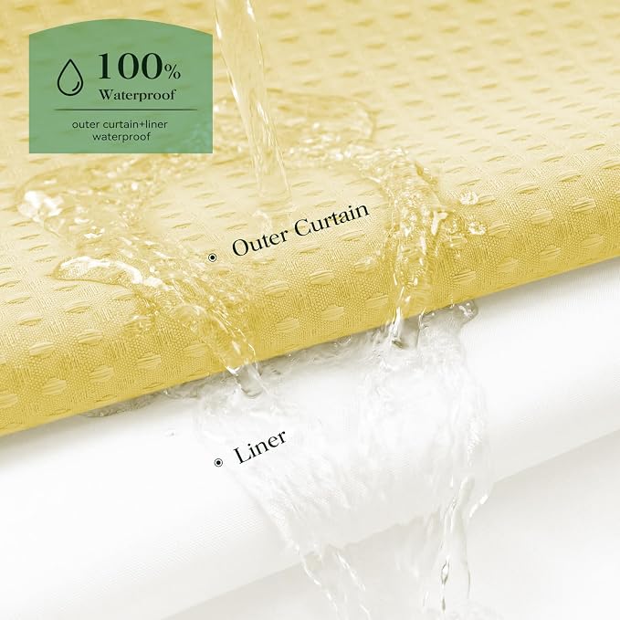 Yellow Hook Free Waffle Shower Curtain & Snap Fabric Liner,72x99 | Less Time to install, 3 in 1 Fabric Shower Curtain and Liner Set with Magnets, Extra Long, Shower Curtains for Bathroom
