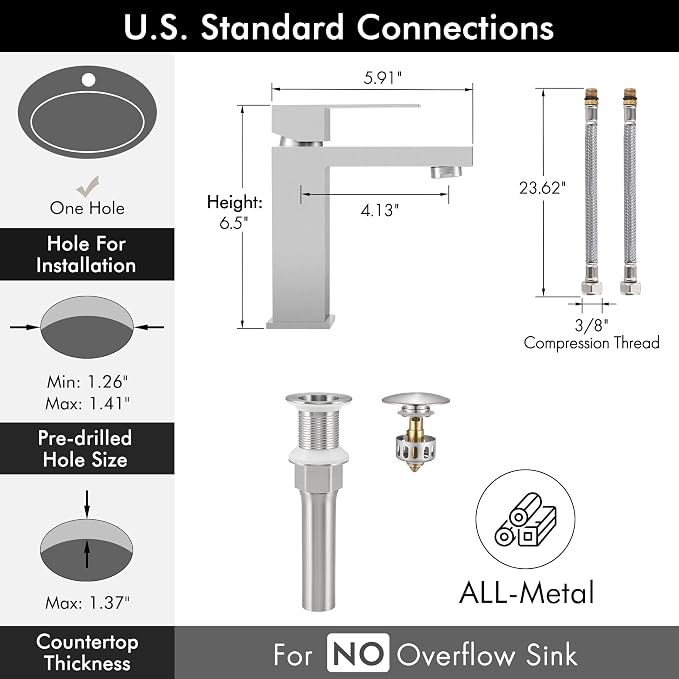 KES All Metal Brushed Nickel Bathroom Sink Faucet with Sink Drain NO Overflow, 1 Hole Single Handle Bathroom Vanity Faucet, Stainless Steel, cUPC NSF Certified, L3156ALFF12-BS-C2