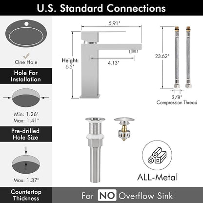 KES All Metal Brushed Nickel Bathroom Sink Faucet with Sink Drain NO Overflow, 1 Hole Single Handle Bathroom Vanity Faucet, Stainless Steel, cUPC NSF Certified, L3156ALFF12-BS-C2