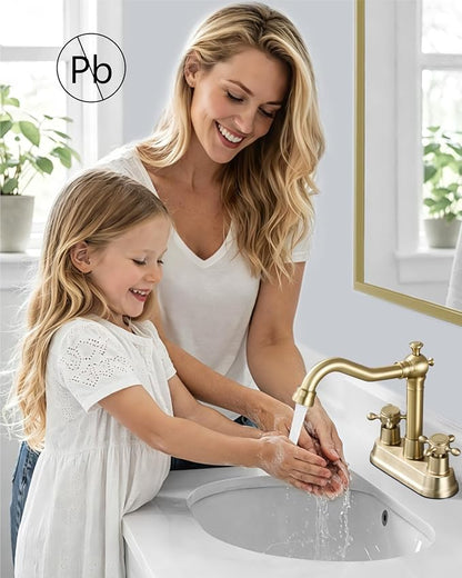 4 Inch Centerset Bathroom Sink Faucet 2 Handle Brushed Gold | Swivel Spout,Pop Up Drain,cUPC Hose,for 2 or 3 Hole Sink,Lavatory,Vintage,Farmhouse,RV,SUS304 Mixer Tap,Metal Cross Handle