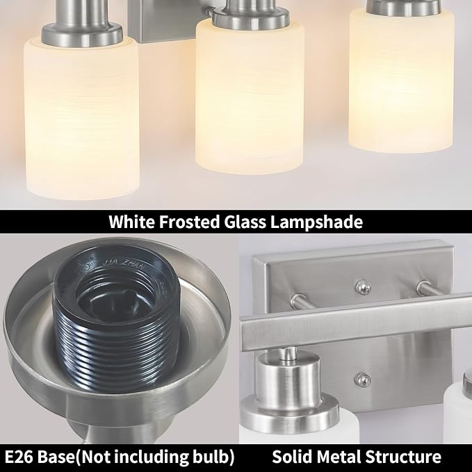 Bathroom Light Fixtures Over Mirror, 2-Light Modern Nickel Vanity Lights with White Glass Shade, Bathroom Wall Lamp Sconces for Mirror Bedroom, Living Room Hallway Small Space