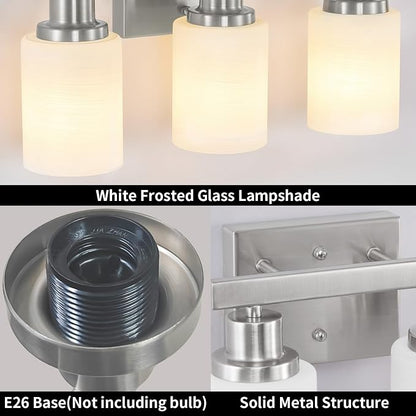 Bathroom Light Fixtures Over Mirror, 2-Light Modern Nickel Vanity Lights with White Glass Shade, Bathroom Wall Lamp Sconces for Mirror Bedroom, Living Room Hallway Small Space