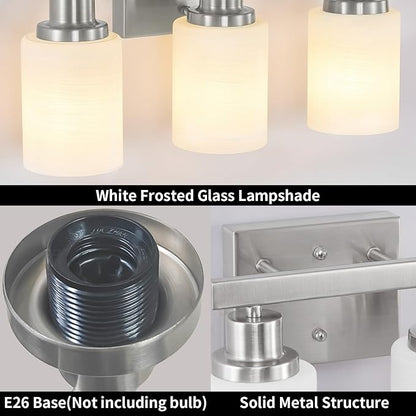 Bathroom Light Fixtures Over Mirror, 2-Light Modern Nickel Vanity Lights with White Glass Shade, Bathroom Wall Lamp Sconces for Mirror Bedroom, Living Room Hallway Small Space