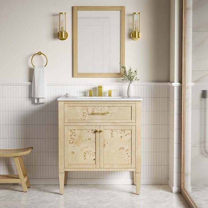 Modway Elysian 30" Wood Bathroom Vanity in White Burl with Ceramic Sink Basin