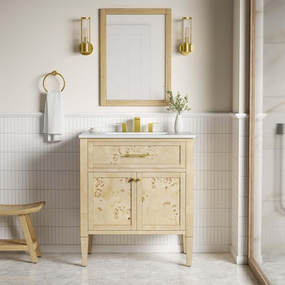 Modway Elysian 30" Wood Bathroom Vanity in White Burl with Ceramic Sink Basin