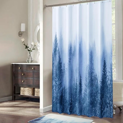 ORTIGIA 54x78 Misty Forest Stall Shower Curtain for Small Bathroom, Blue Narrow Nature Woodland Shower Curtain Set with Hooks, Waterproof Fabric Pine Tree Fog Magic Home Bath Curtain