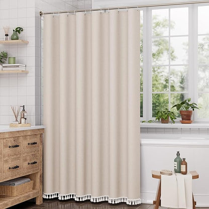 AmazerBath Boho Shower Curtain for Bathroom, 72x72 Beige Shower Curtain with Tassels, Modern Farmhouse Shower Curtain Set with Hooks, Neutral Faux Linen Light Tan Toned, Water Repellent