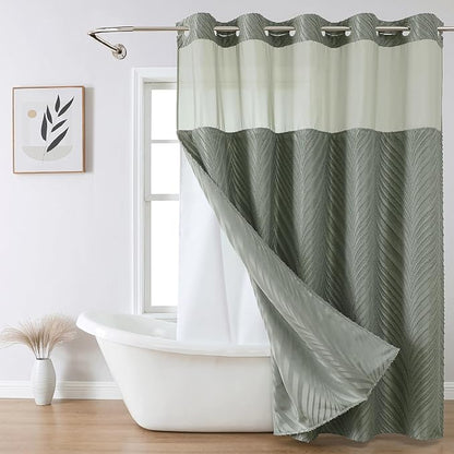 eachope no Hook Shower Curtain and Liner Set，Boho Style with See Through Top Window, Black Fabric Tufted Striped Textured Outer Curtain & Waterproof Inner Liner, SageGreen, 71Wx80H