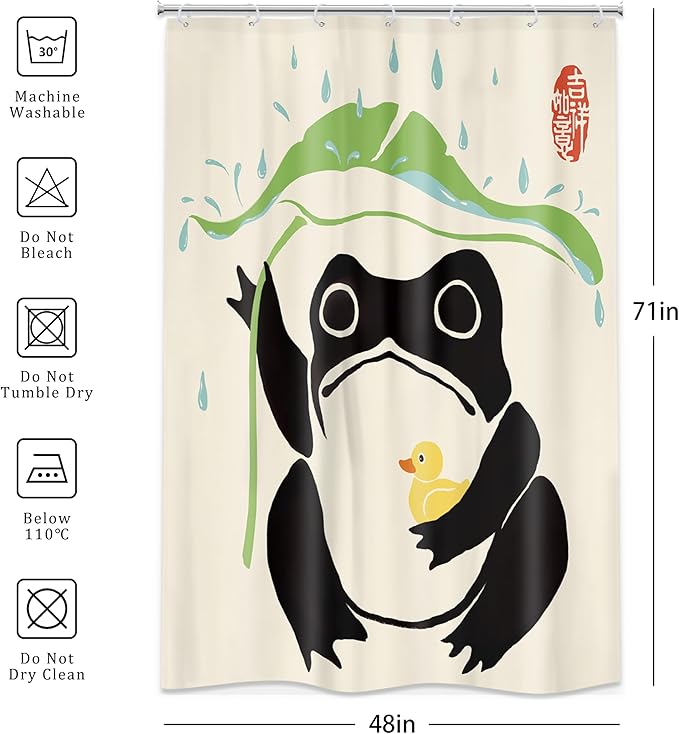 LGhtyro Funny Frog Shower Curtain Bathroom Set 48Wx71H Inches Taking Lotus Cute Duck Asian Traditional Japanese Style Animal Leaf Rain Bath Accessories Frog Art Home Decor Fabric 8 Pack Hooks
