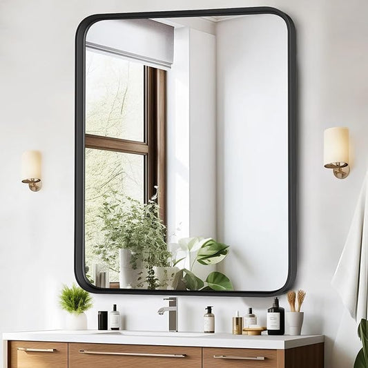Bathroom Mirror for Wall, 40x30 Inch Rounded Rectangle Mirror, Black Metal Framed Bathroom Vanity Mirror for Restroom Farmhouse, Anti-Rust, Tempered Glass, Horizontally or Vertically Hanging