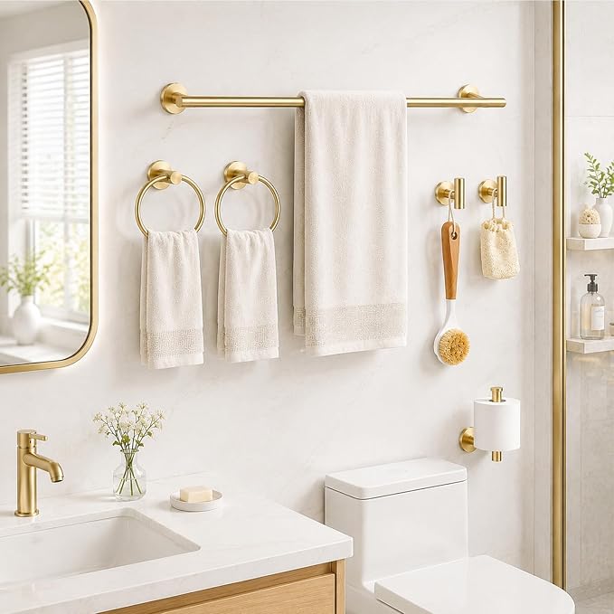 Brushed Gold Bathroom Accessories Set, 6 Pieces Gold Towel Bar Bathroom Hardware Set, 24 Inch Towel Racks for Bathroom, SUS304 Stainless Steel Bathroom Towel Holder Toilet Paper Holder Wall Mounted