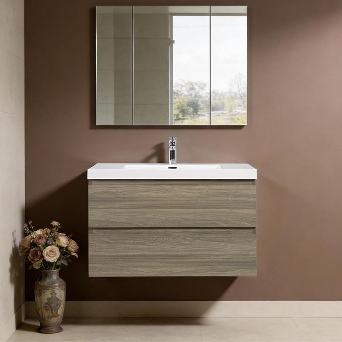 Floating Vanity Bathroom, 36 Inch Bathroom Vanity with Sink, Wall Mounted Single Sink Bathroom Vanity, Soft Closed 2 Drawers, Integrated Sink (Ash Grey)