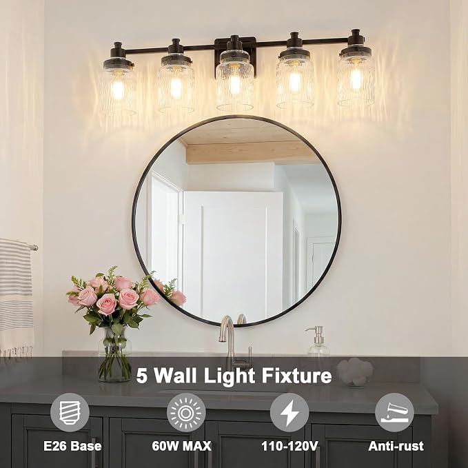 5 Light Bathroom Light Fixtures Farmhouse Black Vanity Lights | ETL Certificate, Easy to Install,Wall Mount Up or Down,Hammered Glass Lampshade,E26 Socket,Hardwired,120V