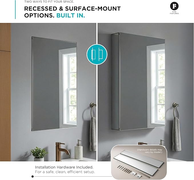 Bathroom Medicine Cabinet, Aluminum, Recessed/Surface Mount, 24" x 36", Right/Left Hinged, Mirrored Interior
