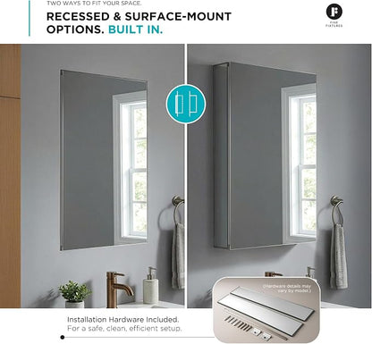 Bathroom Medicine Cabinet, Aluminum, Recessed/Surface Mount, 24" x 36", Right/Left Hinged, Mirrored Interior