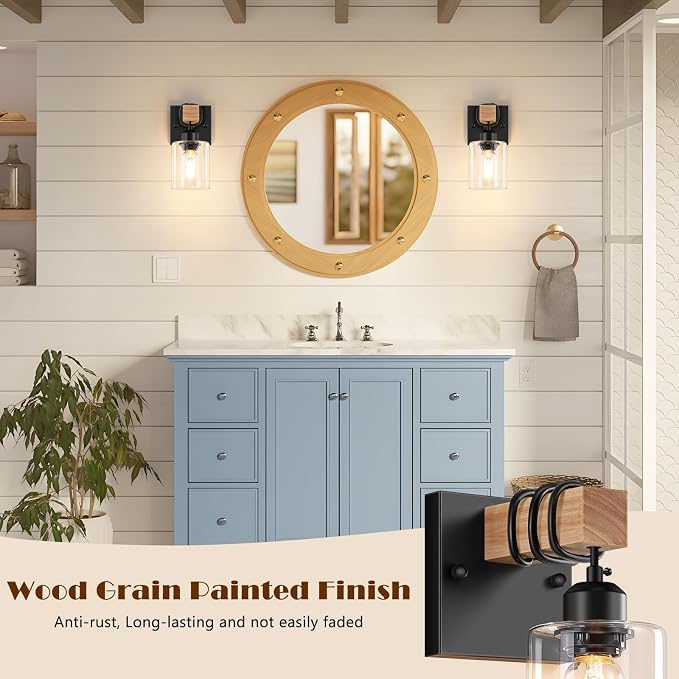 Set of 2 Wall Sconces for Bathroom, Farmhouse 1-Light Matte Black Bathroom Vanity Light with Clear Glass Shades, Indoor Wall Mount Lighting Fixtures for Bedroom Living Room Mirror Kitchen