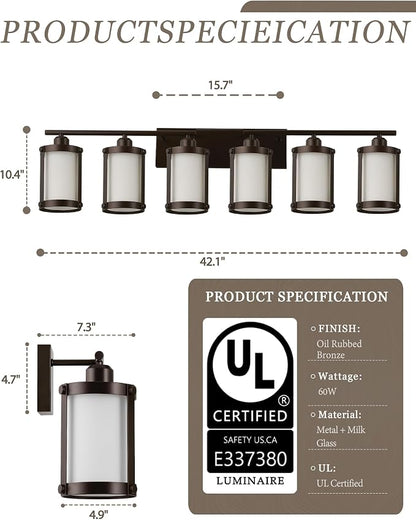 6-Light Oil Rubbed Bronze Bathroom Light Fixtures Over Mirror with Frosted Milk Glass and Metal Cage Shade, 42" UL-Listed Modern Farmhouse Wall Sconce for Bath, Hardwire E26, OS-3014ORBW-6W