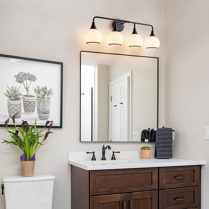 Black Bathroom Light Fixtures 4-Lights Vanity Lights with Milky White Frosted Glass Shade Bathroom Vanity Light 30.7 inch Wall Sconce Lighting Bath(Exclude E26 Bulb)