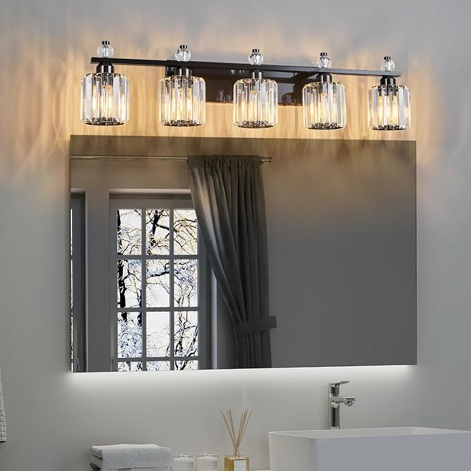 Bathroom Vanity Lights 5-Light Plating Black Modern Crystal Vanity Light Fixtures Over Mirror Crystal Bathroom Vanity Lighting Fixtures