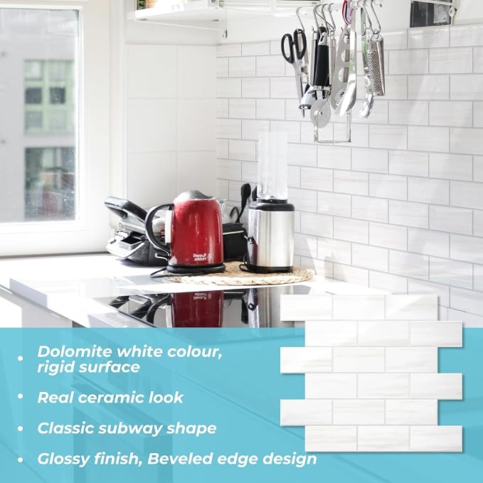 STICKGOO Peel and Stick Backsplash on Subway Tiles, Glossy Dolomite White | 10-Sheet Stick on Kitchen Backsplash, Waterproof, Self Adhesive PVC Wall Tiles for Kitchen, Bathroom, Fireplace