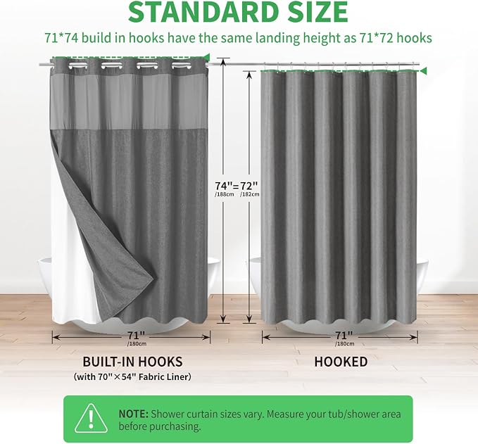 eachope No Hook Fabric Shower Curtain with Snap-in Liner,71x74Charcoal Grey | Linen Texture,230GSM Thick Fabric,Hotel Luxury Decor,Mesh Window,Bottom magnetic ,Waterproof & Machine Washable,for Bathroom