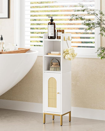 Bathroom Storage Cabinet, Small Corner Floor Hutch with Door and Shelves, Narrow Toilet Paper Cabinet, Bathroom Organizer with Adjustable Shelf, for Small Spaces (Classic-Rattan, White)