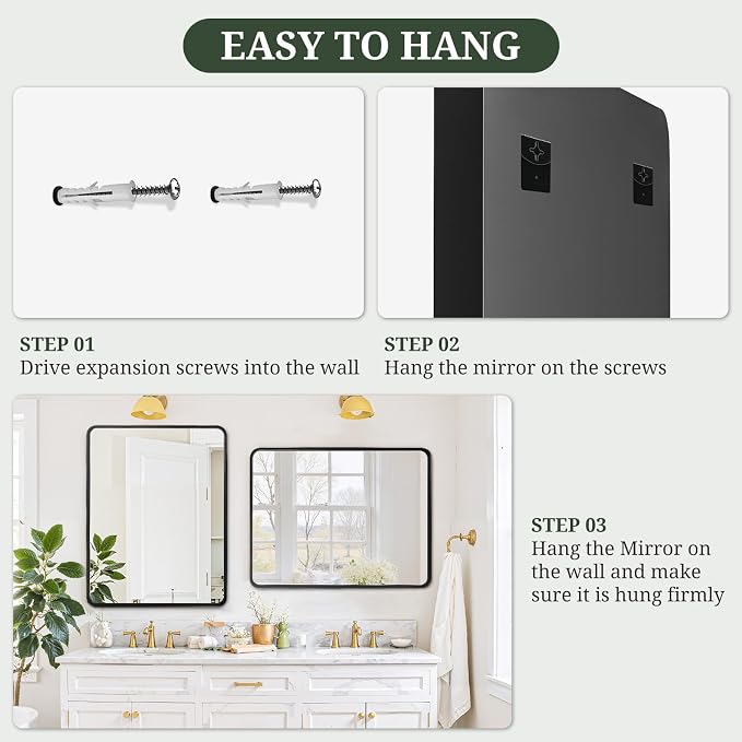 Bathroom Mirror 40x30 Inch Black Metal Frame Rectangle Vanity Mirror | Modern Wall Mounted Anti-Rust Mirror with Rounded Corners for Farmhouse, Restroom, Entryway, Horizontal or Vertical Hanging