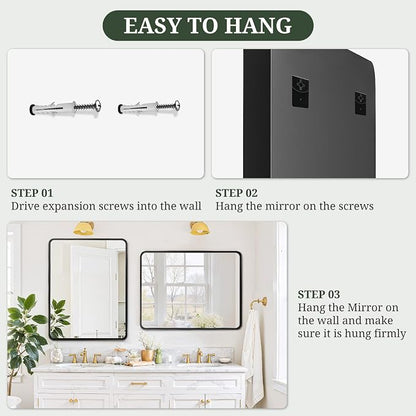 Bathroom Mirror 40x30 Inch Black Metal Frame Rectangle Vanity Mirror | Modern Wall Mounted Anti-Rust Mirror with Rounded Corners for Farmhouse, Restroom, Entryway, Horizontal or Vertical Hanging