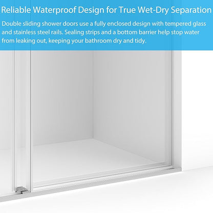 Frameless Double Sliding Shower Door, 44-48" Adjustable Width x 74" H, 6mm Tempered Glass with Easy-Clean Coating, Brushed Nickel Square Stainless Steel Track