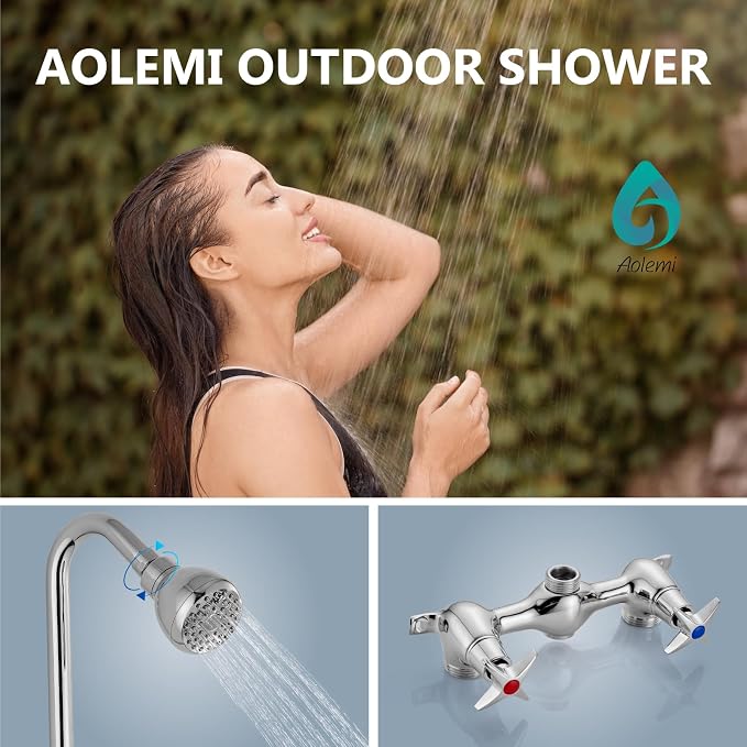 Aolemi Outdoor Shower Kit, 6-Inch Center, 2-Handle, Polish Chrome | Solid Brass Mixer Valve, SUS304 Shower Pipe, Dual-Handle Hot And Cold Control, Reversible Inlets, and Rotating Head