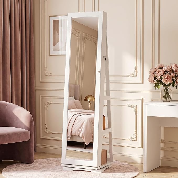 Bonnlo 360° Swivel Jewelry Mirror Cabinet with Inside Makeup Mirror,Full Length Mirror with Jewelry Storage, Lockable Standing Jewelry Armoire Organizer, Espejo Oon Almacenamiento for Bedroom,White