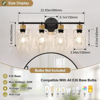Bathroom Light Fixtures, 4-Light Coastal Vanity Lights with Crystal Glass Shade, Black Bathroom Wall Lamp for Mirror Kitchen Hallway Cabinet