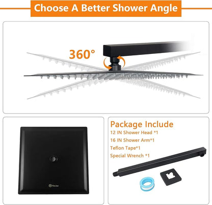 Shower Head with Extension Arm, High Pressure Square with ShowerArm, Stainless Steel Rainfall -Waterfall Full Body Coverage (12'' Shower with 16'' Arm, Matte Black)