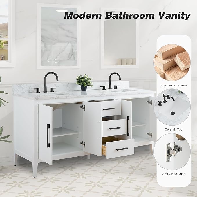 HomeBeyond 72 Inch Bathroom Vanity with Sink & Ceramic Top, Double Vanity Cabinet with Basin, Soft-Closing Doors & Matte Black Hardware, White