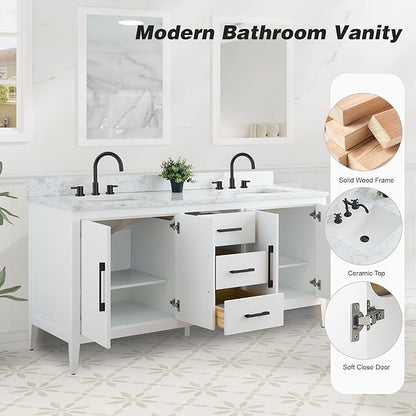 HomeBeyond 72 Inch Bathroom Vanity with Sink & Ceramic Top, Double Vanity Cabinet with Basin, Soft-Closing Doors & Matte Black Hardware, White