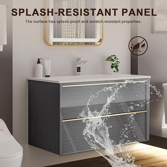 Floating Bathroom Vanity with Sink Wall Mounted Cabinet with 2 Soft-Close Drawers, Moisture-Resistant MDF,Large Storage for Small Space (Gray 36")