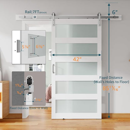 42'' x 84'' Glass Barn Door and 7FT Brushed Nickel Hardware Kit | MDF White Barn Door Slab with Frosted Glass, PVC Surface, Combined with Handle and Floor Guide-Assembly Required