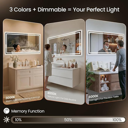 48x24 LED Bathroom Mirror with Anti-Fog, Backlit & Front Lit, Memory | Stepless Dimmable 3 Color CRI 95+ Shatterproof Tempered Glass ETL Listed for Safety Lighted Bathroom Vanity Mirror for Wall